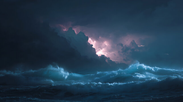 Dramatic stormy ocean with lightning over dark clouds