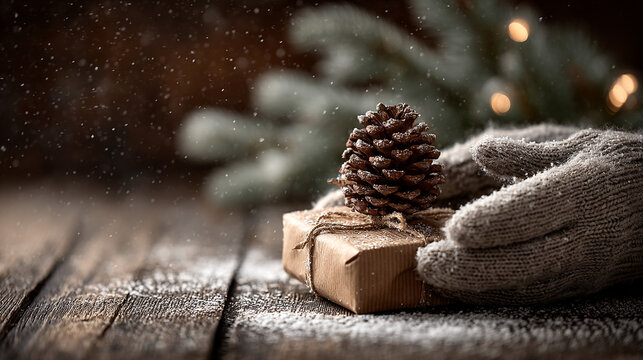 Hands in woolen gloves holding a gift box topped with a pinecone