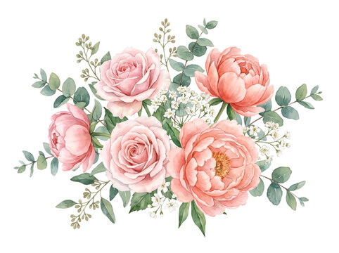 Elegant watercolor floral arrangement of blush pink peonies and eucalyptus leaves isolated element on transparent background.