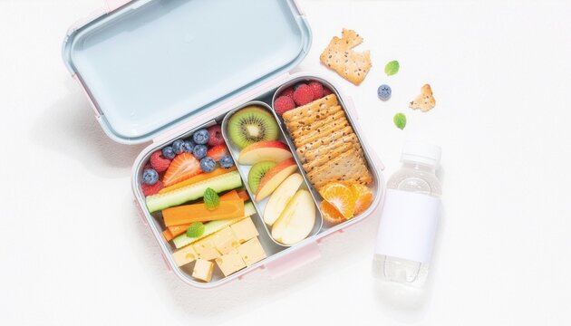 Top view of a pastel compartment lunchbox filled with berries, apple, kiwi, citrus, vegetables, cheese, and crackers beside a water bottle on a bright white background with copy space.