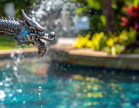 Metal dragon head sculpture spouting water into pool.
