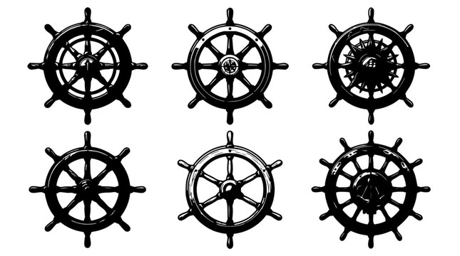 Ship steering wheels set with vintage nautical design featuring brass, wooden spokes, and ship wheel details with maritime and ocean themes and nautical decor