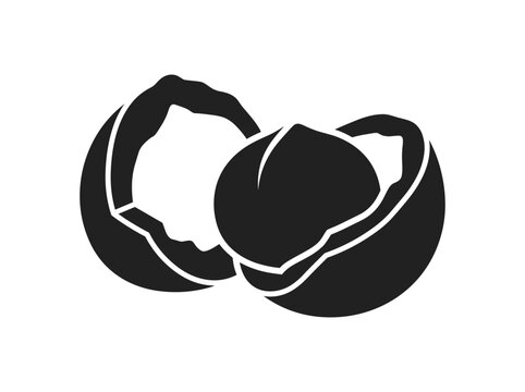 Cracked macadamia nut shell and kernel silhouette icon