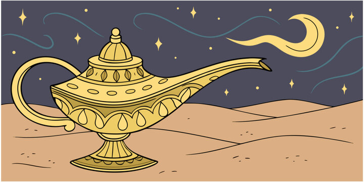 Magic Genie Lamp with Desert Palace &ndash; Black and White Hand Drawn Arabian Fantasy Vector Illustration
