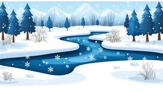 Flat Design Winter Landscape Illustration with Snowy River, Pine Trees, and Mountains