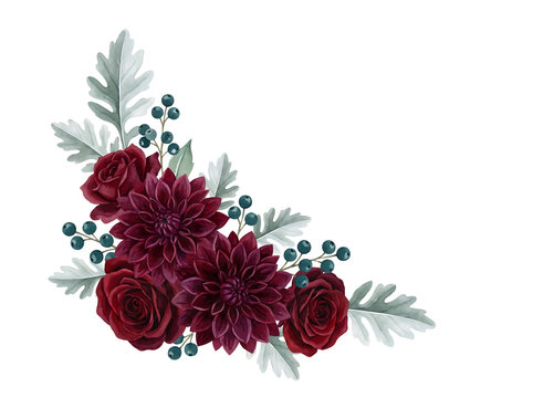 Moody burgundy watercolor corner floral arrangement with dark red roses dahlias and dusty miller leaves isolated element on transparent background.