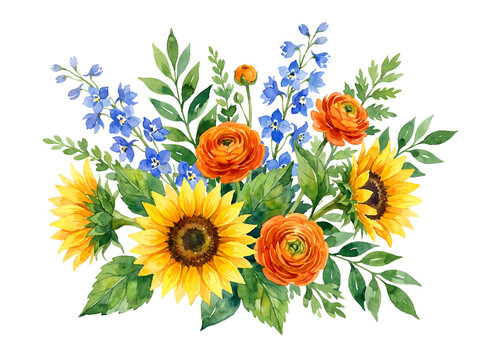 Vibrant summer watercolor floral arrangement featuring bright sunflowers orange ranunculus and blue delphinium isolated element on transparent background.
