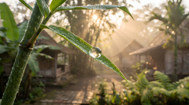 dewdrop resting on a green leaf with golden morning sunbeams in a rural village