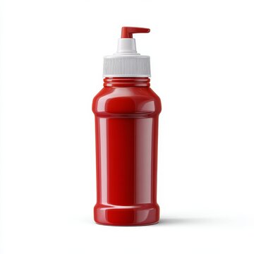 Vibrant red sauce dispenser featuring a pump top placed on a clean white background ideal for culinary and food presentations