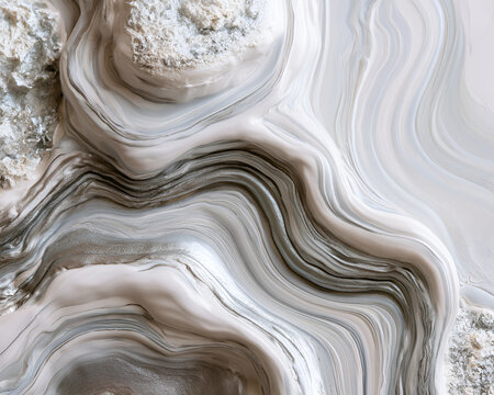 Sophisticated pearl white and silver acrylic fluid art texture featuring elegant wavy marble patterns and luxurious cream swirls for modern decor