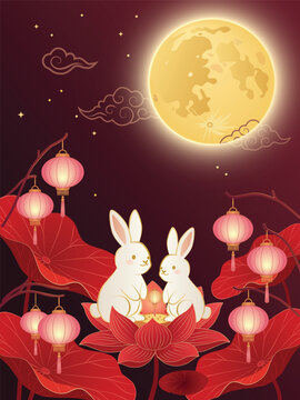 Mid Autumn Festival poster with white rabbits sitting on pink lotus flowers under glowing full moon. Red burgundy background with hanging pink lanterns and traditional Asian elements.