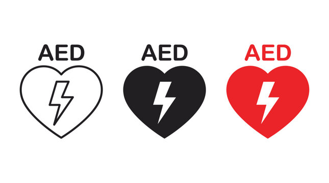 AED heart icon with lightning bolt symbol for defibrillator and emergency medical design
