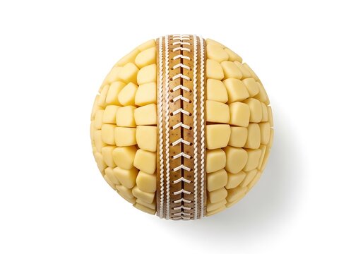 A unique sphere resembling a baseball crafted from numerous potato cubes with brown and white lacing