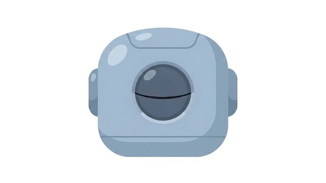 A friendly light blue robot head floating in the center of the frame blinking its glowing screen eye