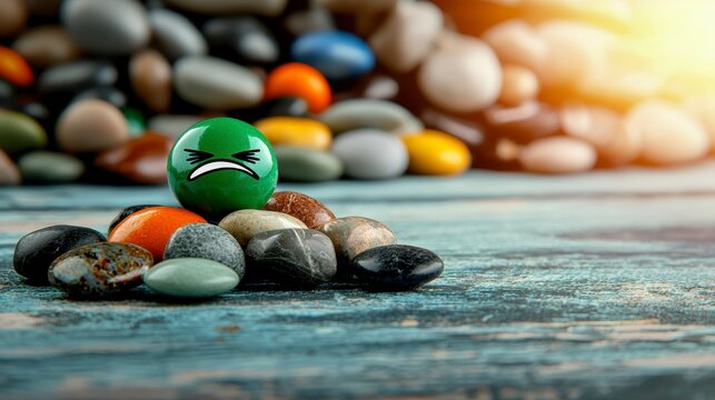 Angry Green Candy on Rocks: Stress, Frustration, and Mental Health Concept