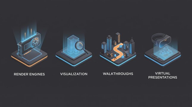 Isometric 3D Architectural Visualization and Virtual Reality Technology Icon Set