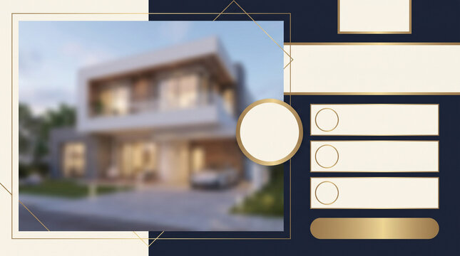 Real estate social media template featuring a blurred modern house exterior, gold and navy blue ui including text boxes, real estate social media tamplate and banner download 2026 2027 2028