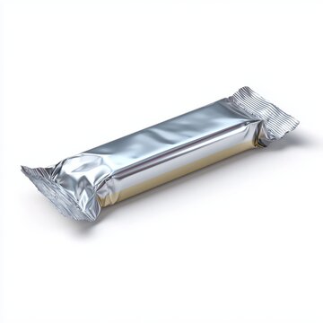 Tasty snack bar elegantly wrapped in shiny silver foil set against a pristine white background