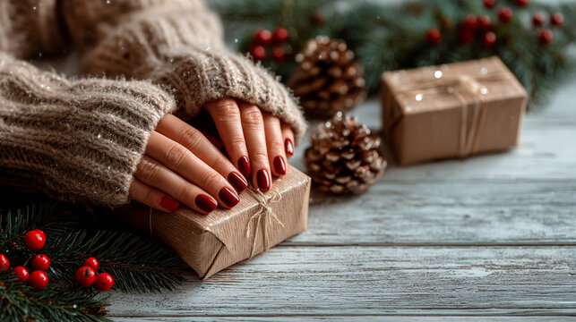 Woman holding christmas gift box wearing knitted sweater with christmas