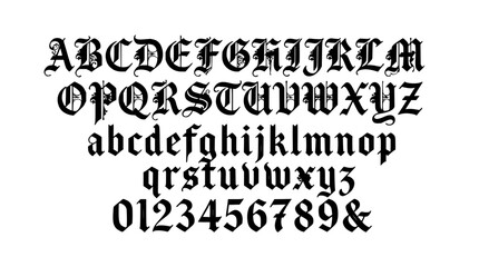 Obraz premium Blackletter typeface ornate lettering set with medieval calligraphy featuring gothic script, decorative initials, and vintage typography with intricate flourishes and serifs