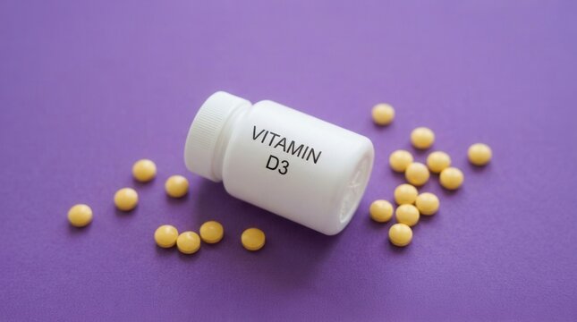 White pill bottle labeled Vitamin D3 on purple supplement a light