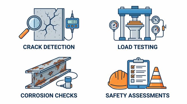 Construction Structural Inspection Icon Set for Crack Detection Load Testing and Safety Assessment