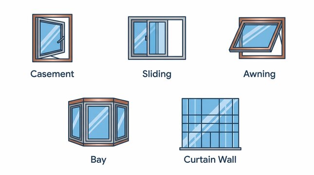Architectural Window Types Icon Set with Casement Sliding Awning Bay and Curtain Wall Designs
