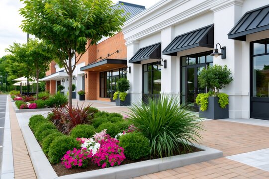 Modern retail storefronts at a well-maintained shopping center
