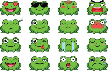 Obraz premium Cute Green Frog Emoji Sticker Set with Various Facial Expressions and Character Emotions for Chat Applications and Digital Designs