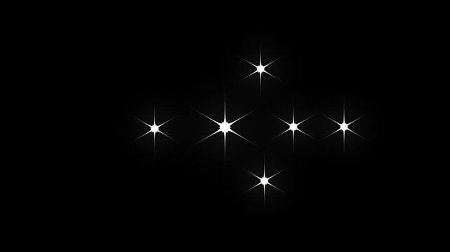 Shimmering sparkling stars shine animation on black screen background, glowing white cartoon vector doodles with blinking twinkle effect, transparent festive overlay, 4k