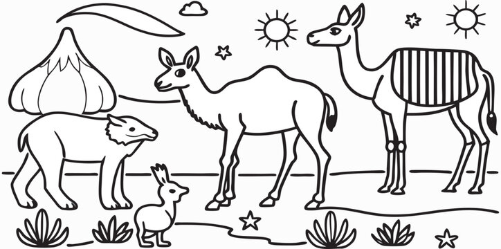 A detailed black-and-white coloring book page illustration featuring a variety of desert-dwelling animals arranged on a white background. The composition includes a dromedary camel on the top left, a 