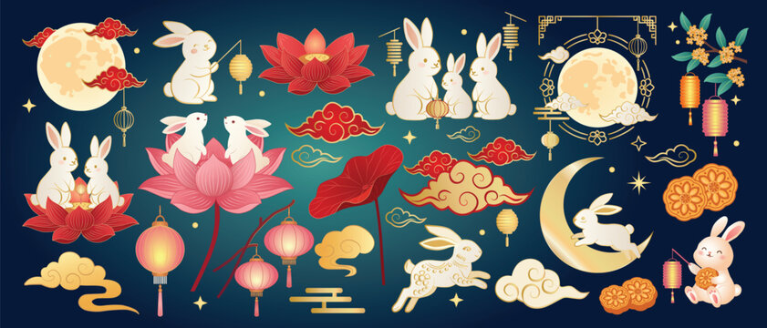 Mid Autumn Festival illustration set with white rabbits lotus flowers, full moon, crescent moon, traditional lanterns, mooncakes Asian clouds and decorative ornaments on dark blue gradient background.