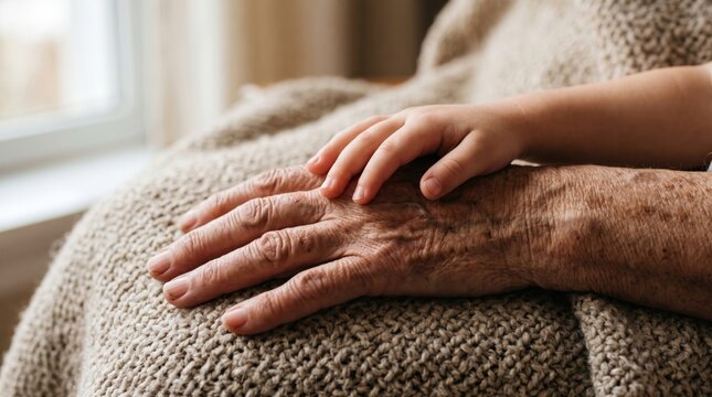 A Child's Gentle Touch on an Elder's Hand: A young child's hand rests tenderly on the weathered hand of an elderly person, conveying a sense of intergenerational connection, care, and love.