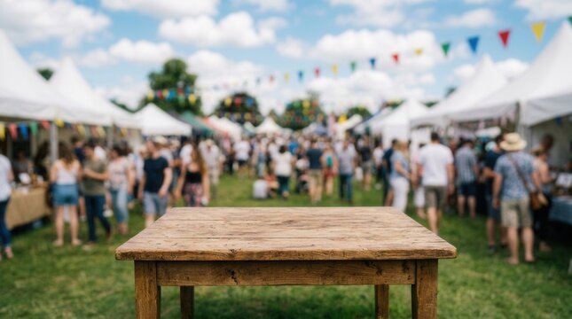 Vibrant Outdoor Event Scene with Wooden Table in overlooking a blurry festival