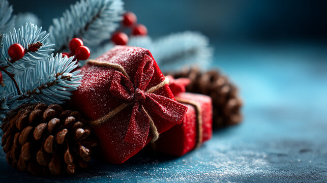 Festive christmas gift with fir branches and pinecones christmas pinecone