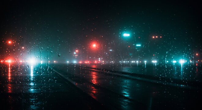 雨降る夜の都市 濡れた路面に多彩な光がぼやけて映り込み幻想的な光景が広がる. AI Generated