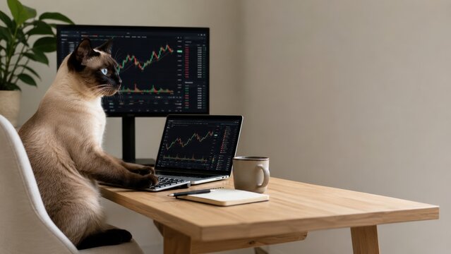 Siamese cat sits at a wooden desk using a laptop with stock market charts displayed on screens in a minimalist home office setting.