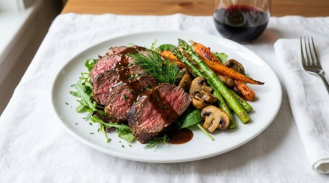 Close-Up White Plate With Beef Tenderloin & Colorful Delicious steak serving grilled asparagus, assorted