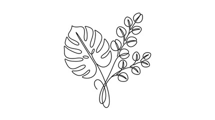 Minimalist single line drawing of tropical leaf and eucalyptus branches © Untung