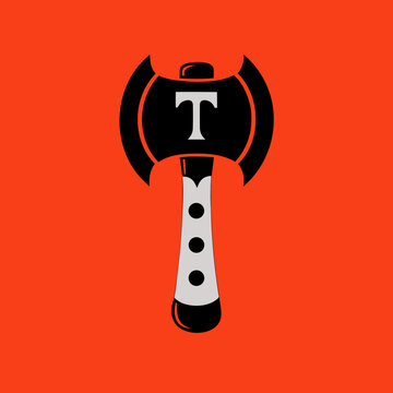 Vintage double headed axe icon with letter T, retro lumberjack hatchet vector illustration, medieval battle axe symbol on orange background