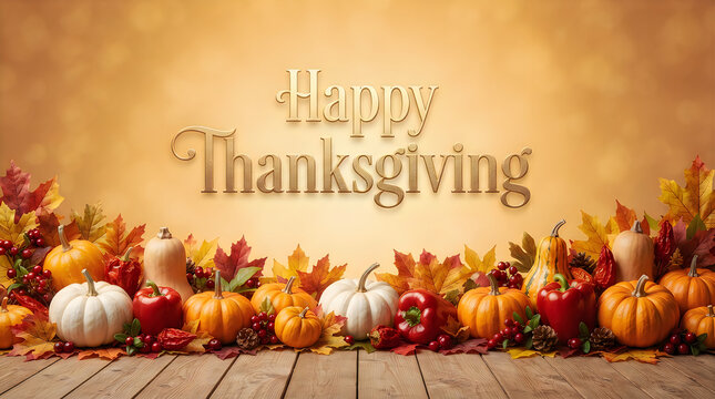 Happy thanksgiving greeting sign with colorful pumpkins and autumn leaves on a rustic wooden table