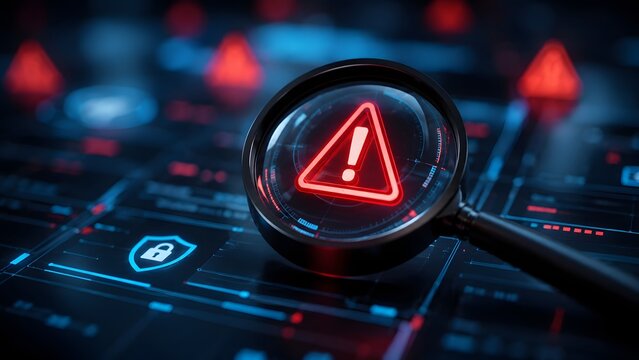 Magnifying glass hovering over glowing red warning triangle on futuristic digital dashboard interface. Concept of forensic cyber investigation, security threat analysis, and digital risk assessment.