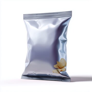 Glossy silver snack pouch filled with crunchy potato chips placed on a clean white backdrop