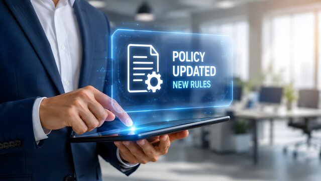 Business professional holding tablet with policy updated notification, Corporate compliance, new rules implementation, governance management, regulatory change, and digital documentation process