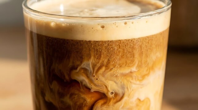 Close up of cold brew coffee with milk swirls.