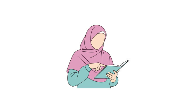 Muslim woman in pink hijab reading book vector illustration