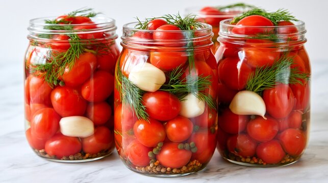 Pickled cherry tomatoes in jars with dill and garlic