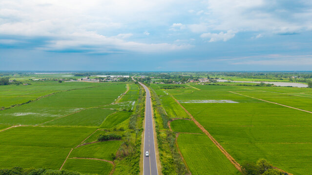 Aerial view of straight rural highway through vast green rice paddy fields