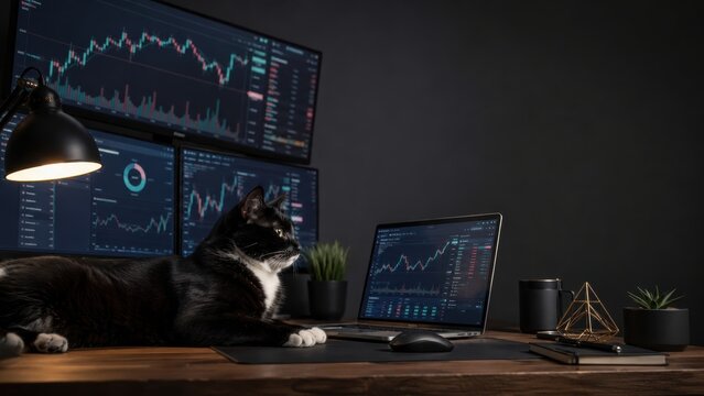  black and white cat sits on a desk with multiple monitors displaying stock market charts and graphs.