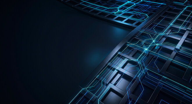 Abstract dark metallic cybersecurity background with neon blue light lines